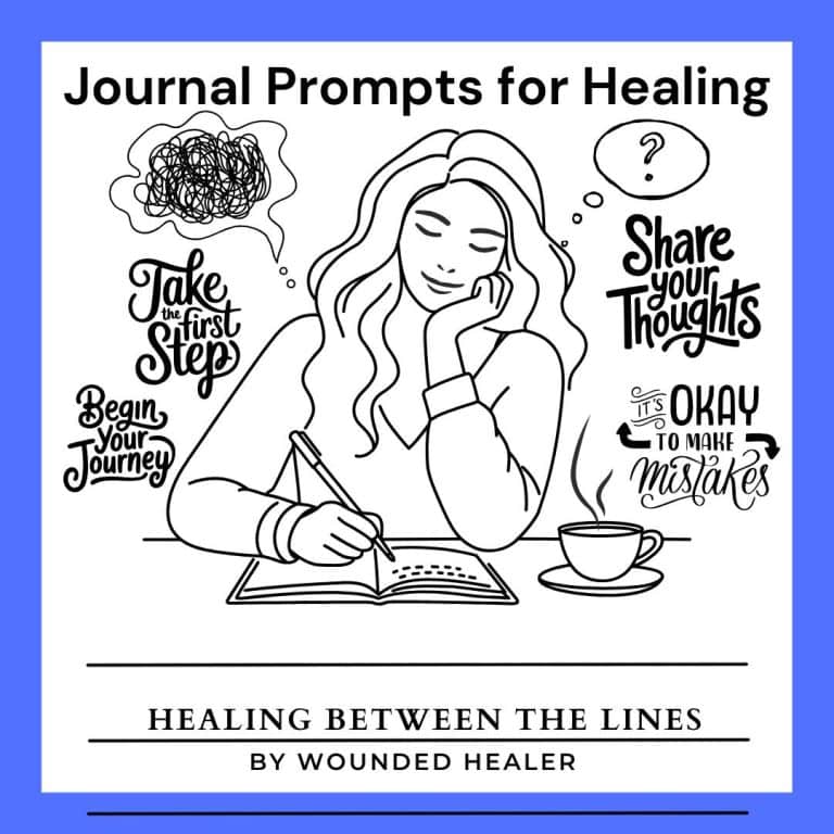 Image of woman sitting at table with open journal and cup of tea thinking about journal prompts.