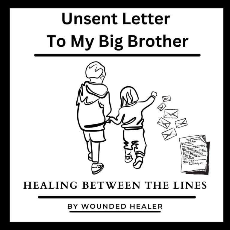 Line image of two siblings walking with letters falling to the side and an opened letter.